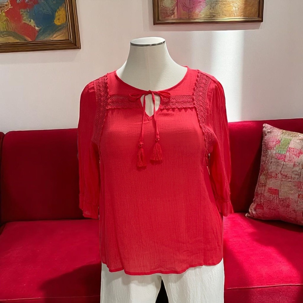 Zac And Rachel Red Crochet Peasant Boho Blouse Top‎ XXL Lightweight Festival